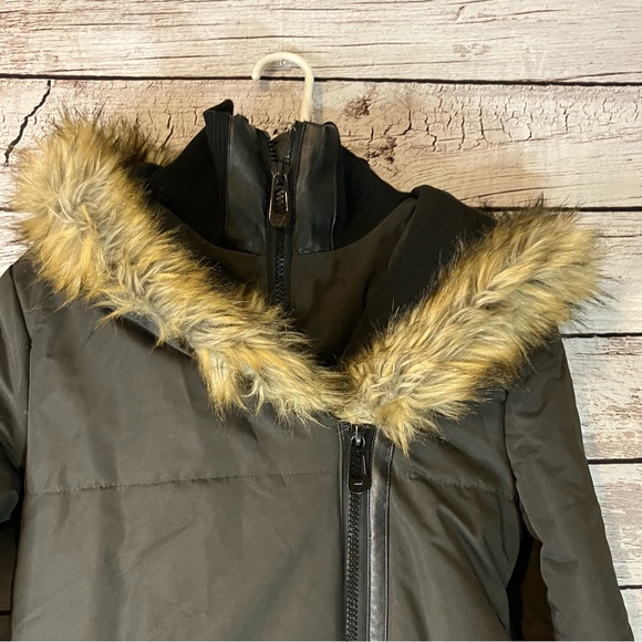 Noize Vegan Faux Fur Trim Mid Length Coat in Black - Picture 3 of 12